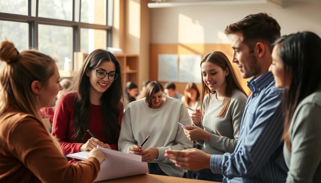 A classroom of vocational high school students, engaged in collaborative group work, developing their soft skills. The foreground features three students discussing a project, their expressions animated and focused. The middle ground shows additional students working in teams, exchanging ideas and taking notes. In the background, a teacher observes the class, guiding and facilitating the learning process. Warm, natural lighting filters through large windows, creating a cheerful, productive atmosphere. The scene conveys the integration of practical, technical knowledge and interpersonal abilities essential for professional success.