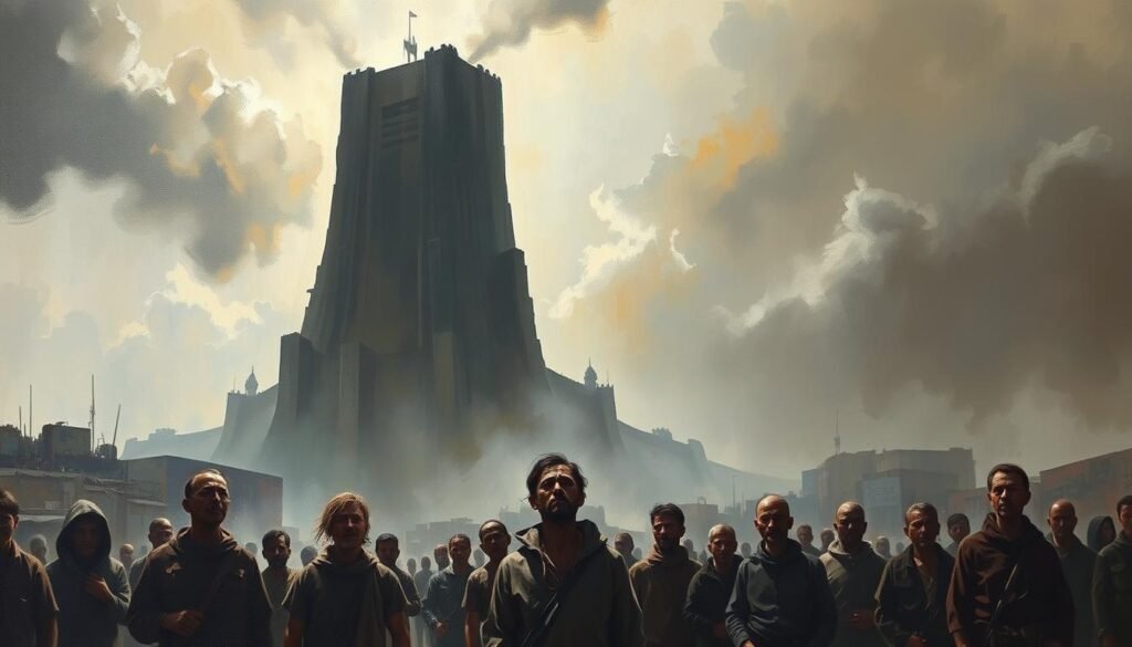 A dramatic social commentary painting by the renowned modern artist Paulus di Atena. In the foreground, a group of impoverished figures stand defiantly, their expressions conveying a sense of struggle and resilience. The middle ground features a towering, oppressive architectural structure, casting an ominous shadow over the scene. The background is a hazy, dreamlike landscape, evoking a sense of melancholy and unease. The lighting is dramatic, with pools of light and shadow adding depth and intensity to the composition. The brushstrokes are bold and expressive, reflecting the artist's emotive style. An evocative and thought-provoking work that powerfully communicates Paulus di Atena's social message.