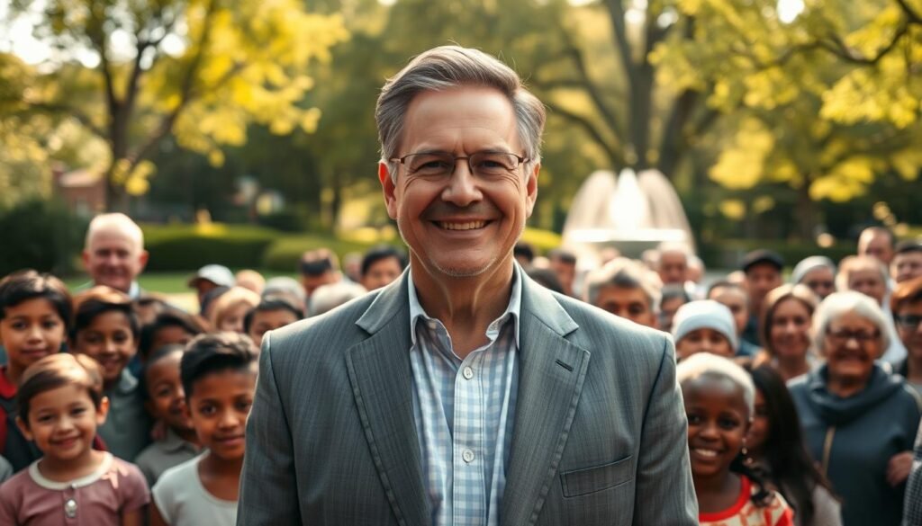 A middle-aged man with a warm, compassionate expression stands at the center of the frame, dressed in a simple yet elegant gray suit. Behind him, a large group of people from diverse backgrounds - children, the elderly, and those in need - surround him, their faces alight with gratitude and joy. The background is a serene, sun-dappled park, with lush greenery and a picturesque fountain providing a calming, peaceful atmosphere. Soft, directional lighting casts a gentle glow on the scene, highlighting the subjects' faces and creating a sense of hope and inspiration. The overall composition conveys a narrative of the man's selfless dedication to supporting and uplifting his community through various charitable initiatives.