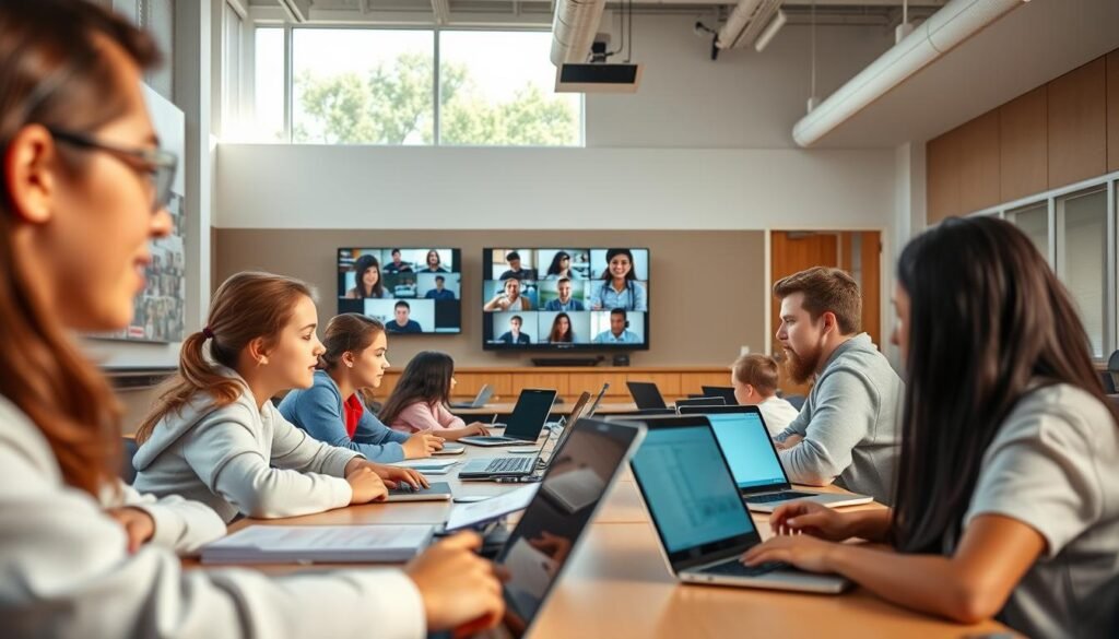 A serene and harmonious hybrid learning environment, with a blend of digital technology and traditional classroom elements. In the foreground, students engaged in collaborative work, utilizing interactive whiteboards and laptops, their faces alight with concentration. The middle ground features a mix of in-person and remote learners, seamlessly connected through high-definition video screens, fostering a sense of unity. The background showcases a modern, well-equipped classroom, with ample natural light streaming in through large windows, creating a warm and inviting atmosphere. The overall scene conveys the benefits of hybrid learning: increased accessibility, enhanced engagement, and a nurturing educational experience that prepares students for the future.
