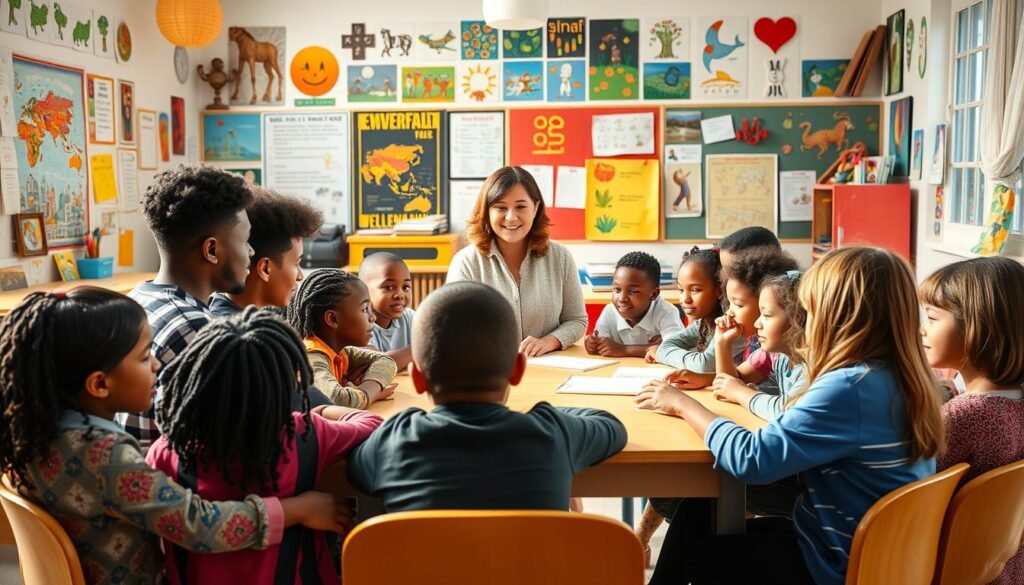 A vibrant and diverse classroom setting, with students of various ethnicities, cultures, and backgrounds engaged in collaborative learning. The foreground features a group of students gathered around a central table, their faces alight with curiosity and discussion. In the middle ground, a teacher stands, guiding the conversation with a warm, inclusive demeanor. The background showcases a richly decorated classroom, with vibrant artwork, cultural artifacts, and educational posters adorning the walls, reflecting the multifaceted nature of the learning environment. Soft, natural lighting filters through the windows, casting a serene and welcoming atmosphere. The overall scene conveys the challenges and rewards of embracing multicultural education, fostering understanding, and celebrating diversity.