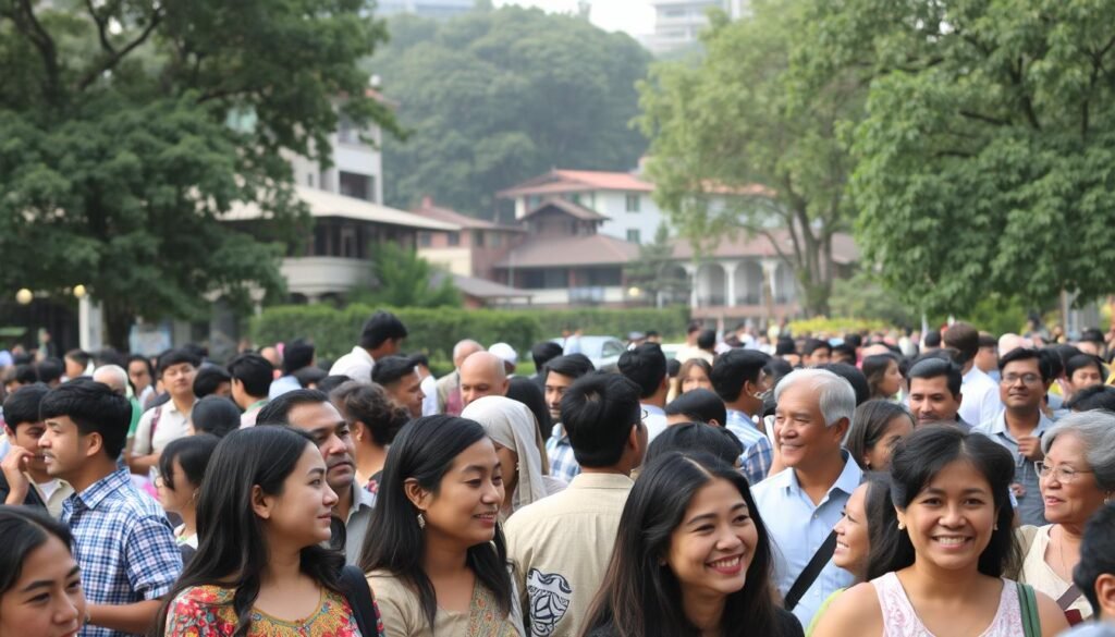 A vibrant, diverse community gathered in a bustling urban setting. In the foreground, people of different ages, ethnicities, and backgrounds engage in lively conversations, their faces expressing warmth and acceptance. The middle ground showcases a mix of traditional and modern architecture, symbolizing the harmonious coexistence of cultural heritage and progress. In the background, a verdant, tree-lined park provides a serene backdrop, inviting visitors to explore and connect with nature. Soft, diffused lighting illuminates the scene, creating a sense of inclusivity and belonging. The overall atmosphere conveys a spirit of multiculturalism, where individuals from all walks of life come together to celebrate their differences and find common ground.