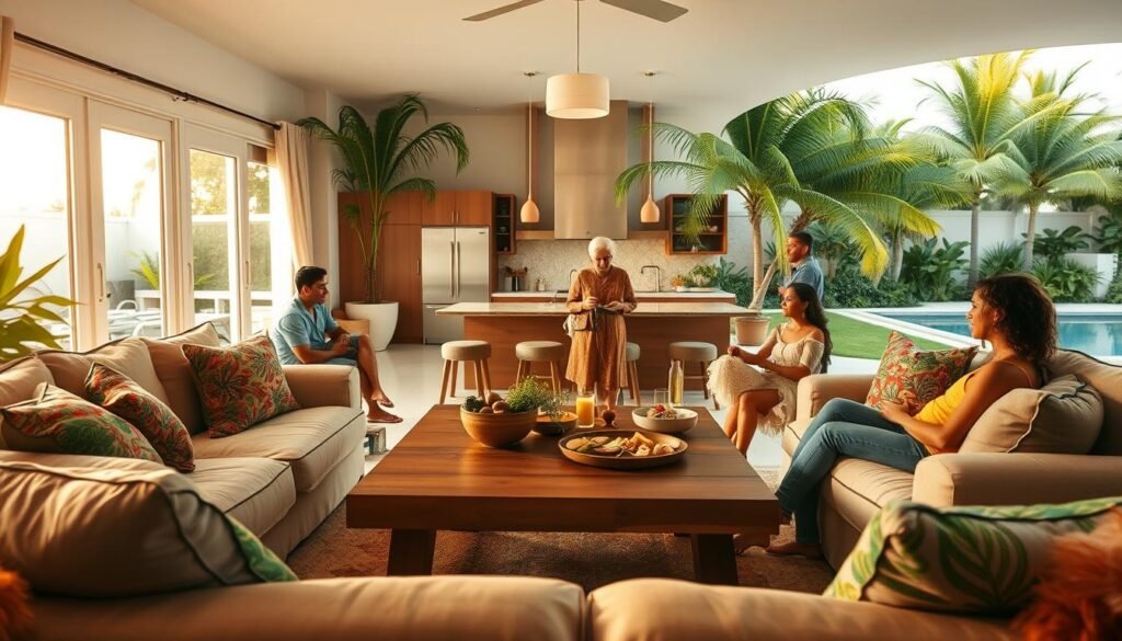 A warm, inviting family home in Miami, Florida. In the foreground, a cozy living room with plush, overstuffed sofas and armchairs, adorned with vibrant tropical-inspired textiles. A large, wooden coffee table takes center stage, surrounded by family members engaged in lively conversation. Soft, diffused lighting filters in through large windows, casting a golden glow over the scene. In the middle ground, a spacious, open-concept kitchen, where a matriarch is busy preparing a hearty, homemade meal, the aromas wafting through the air. The background reveals a lush, verdant backyard, complete with a sparkling pool and swaying palm trees, hinting at the quintessential Miami lifestyle. An atmosphere of warmth, comfort, and authentic local flavor permeates the entire scene.