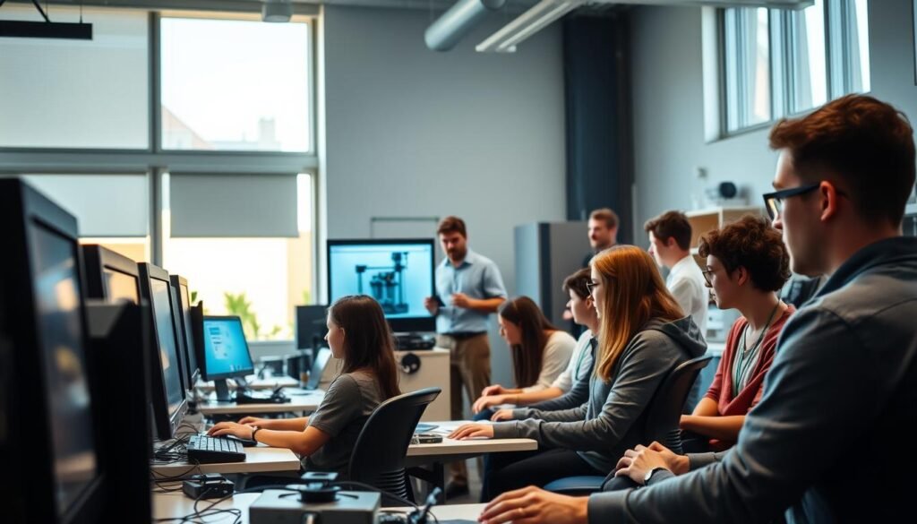 A well-equipped modern vocational school classroom, filled with students engaged in hands-on learning of cutting-edge technologies. In the foreground, a group of students work intently on computer-controlled equipment, utilizing the latest software and digital tools. The middle ground showcases a teacher demonstrating the operation of a state-of-the-art 3D printer, while students observe and take notes. In the background, the room is bathed in warm, natural lighting filtering through large windows, creating a productive and inspiring atmosphere for innovative technological education. The overall scene conveys a dynamic, forward-thinking environment where students are equipped with the skills and technologies needed for successful careers in the modern workforce.