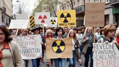 Early green movement protests in Europe during the 1970s, showing demonstrators with environmental banners marching through city streets