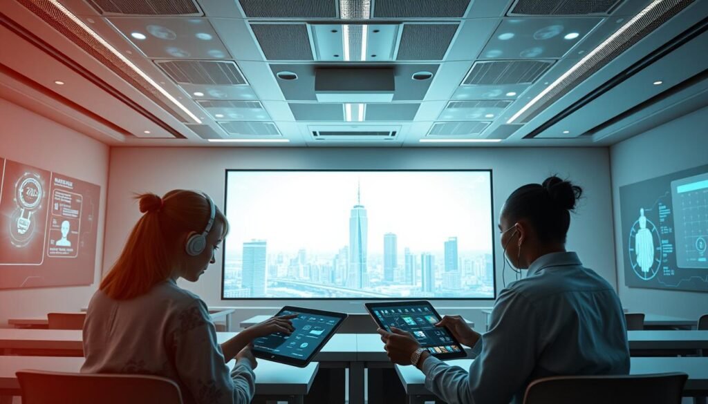 Futuristic digital technology powering hybrid learning: a sleek and sophisticated classroom setting, with holographic displays, interactive whiteboards, and AI-driven learning assistants. Soft lighting illuminates the scene, creating a warm and inviting atmosphere. In the foreground, students collaborate using touchscreen tablets, while the mid-ground features a panoramic view of the learning space, showcasing the integration of cutting-edge educational tools. The background depicts a cityscape, hinting at the broader technological advancements that enable this hybrid learning model. The image should convey a sense of innovation, collaboration, and the seamless fusion of technology and education.