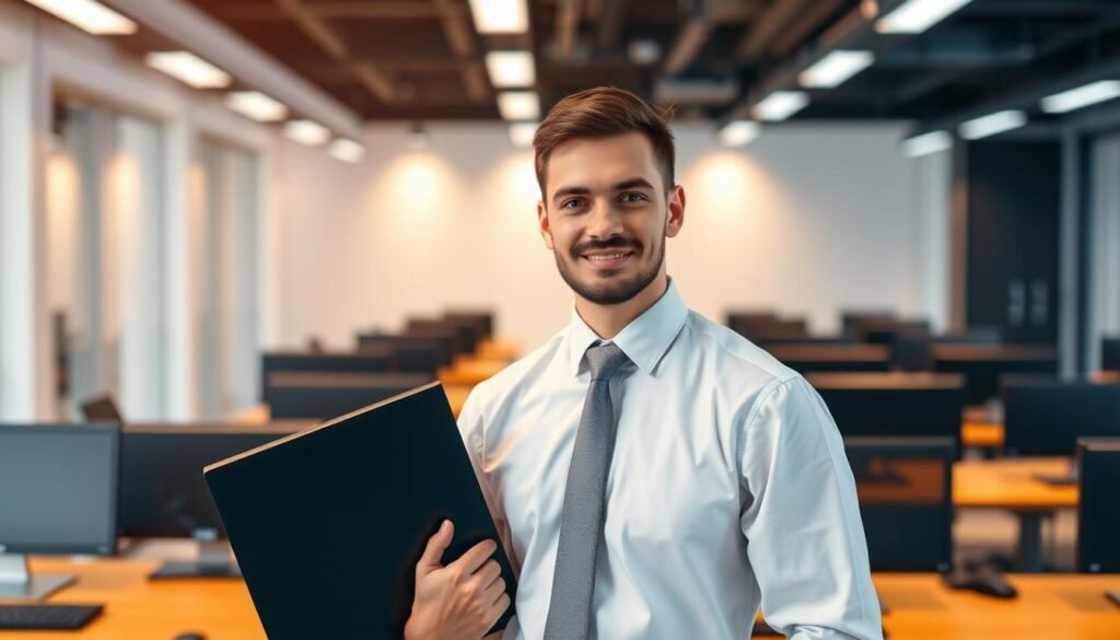 A computer science graduate standing confidently, dressed in a crisp white shirt and tie, holding a laptop in one hand. In the background, a sleek, modern computer lab with rows of desks and state-of-the-art equipment. Warm, diffused lighting illuminates the scene, creating a sense of professionalism and achievement. The graduate's expression conveys a sense of pride and readiness to apply their technical skills and knowledge in the real world.