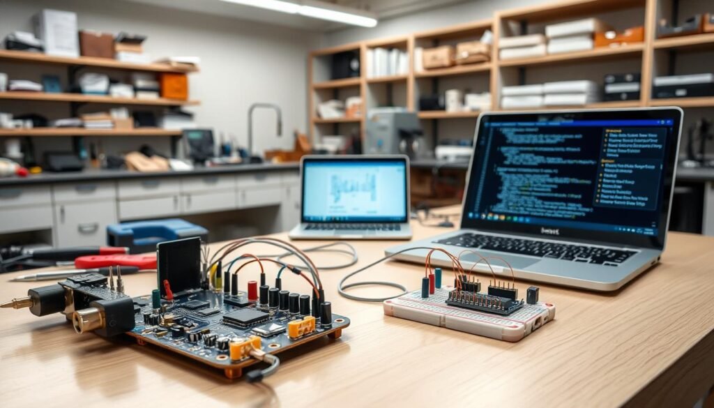A modern, well-lit workbench showcasing a partially assembled embedded system prototype. The foreground features a microcontroller board, various electronic components, and a breadboard with wiring. In the middle ground, a laptop displays circuit diagrams and programming code. The background depicts a university laboratory setting with shelves of tools, test equipment, and engineering reference materials. The overall scene conveys a sense of technological progress, academic rigor, and hands-on learning.