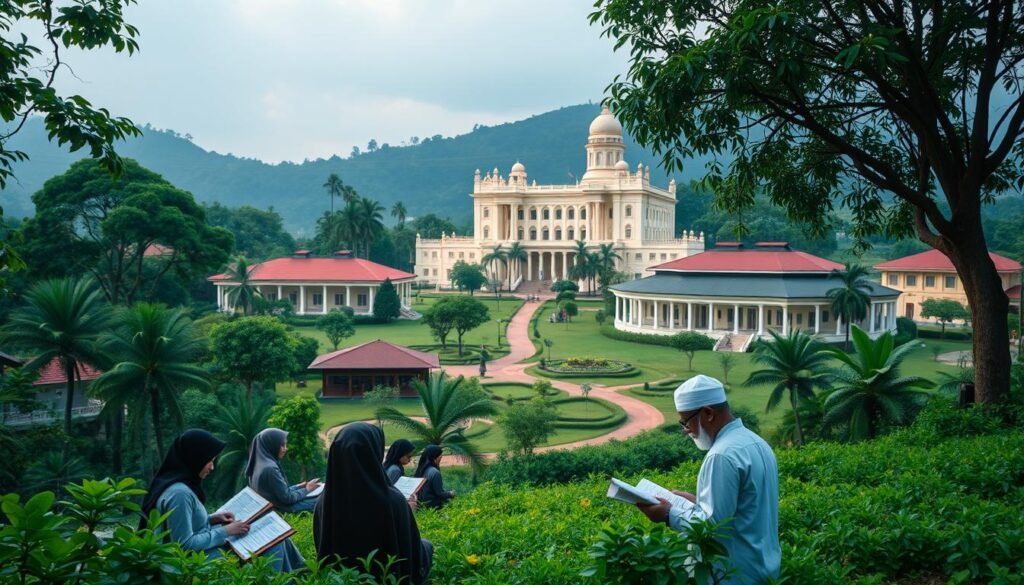 A serene pesantren campus nestled amidst lush, verdant landscapes. In the foreground, students in traditional garb diligently study religious texts under the watchful eye of a wise, elderly teacher. The middle ground showcases modern classrooms and facilities, reflecting the government's efforts to optimize and integrate pesantren education. In the background, a stately government building symbolizes the policymakers' commitment to supporting and elevating this time-honored educational system. Warm, diffused lighting casts a contemplative, harmonious atmosphere, underscoring the fusion of tradition and progress. A serene pesantren campus nestled amidst lush, verdant landscapes. In the foreground, students in traditional garb diligently study religious texts under the watchful eye of a wise, elderly teacher. The middle ground showcases modern classrooms and facilities, reflecting the government's efforts to optimize and integrate pesantren education. In the background, a stately government building symbolizes the policymakers' commitment to supporting and elevating this time-honored educational system. Warm, diffused lighting casts a contemplative, harmonious atmosphere, underscoring the fusion of tradition and progress.