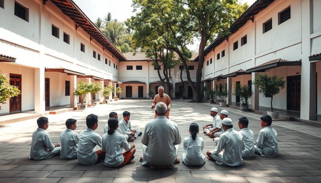 A serene, sun-dappled courtyard of a traditional Indonesian pesantren (Islamic boarding school), with rows of humble, whitewashed dormitories flanked by lush greenery. At the center, a group of students in crisp white shirts and sarongs sit cross-legged, engaged in animated discussion under the watchful gaze of an elder in a flowing robe. The atmosphere exudes a sense of community, spiritual contemplation, and a reverence for knowledge. The scene is captured through a wide-angle lens, providing a comprehensive view that conveys the scale and tranquility of this revered educational institution. A serene, sun-dappled courtyard of a traditional Indonesian pesantren (Islamic boarding school), with rows of humble, whitewashed dormitories flanked by lush greenery. At the center, a group of students in crisp white shirts and sarongs sit cross-legged, engaged in animated discussion under the watchful gaze of an elder in a flowing robe. The atmosphere exudes a sense of community, spiritual contemplation, and a reverence for knowledge. The scene is captured through a wide-angle lens, providing a comprehensive view that conveys the scale and tranquility of this revered educational institution.