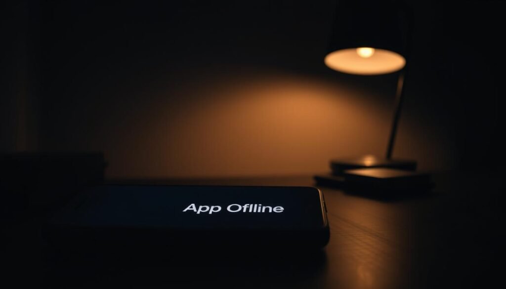 A dimly lit workspace, the screen of a smartphone illuminates the room, displaying an "App Offline" message against a muted color palette. In the foreground, the device rests on a minimalist wooden desk, its edges softly lit by a warm, indirect lamp. The background is a blurred, serene landscape, hinting at the device's isolation from the connected world. The scene conveys a sense of solitude and contemplation, inviting the viewer to consider the challenges and opportunities of working offline in a digital age.