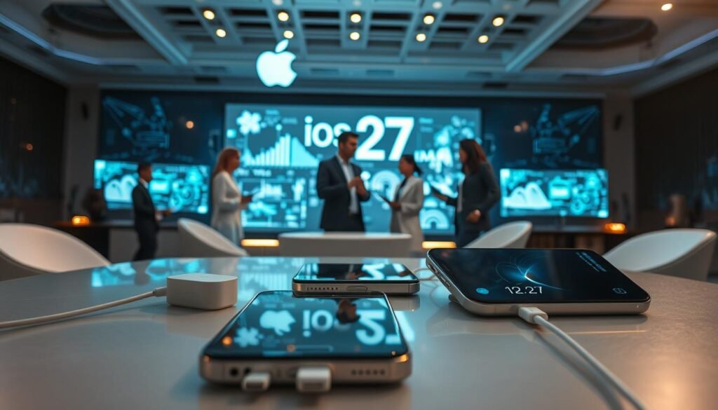 A dynamic scene depicting the competitive landscape of AI technology influenced by iOS 27. In the foreground, visualize sleek, futuristic smartphones placed on a polished table, showcasing their advanced features and MagSafe accessories. In the middle ground, a diverse group of professional individuals in business attire are engaged in deep discussion, analyzing holographic charts and data displays that represent AI advancements. The background features a modern, high-tech environment with large screens displaying digital interfaces and the iOS 27 logo. Soft blue and white lighting creates a futuristic atmosphere, emphasizing innovation and collaboration. Capture the energy and excitement of this tech-driven world from a slightly elevated angle, showcasing both the products and people in action. A dynamic scene depicting the competitive landscape of AI technology influenced by iOS 27. In the foreground, visualize sleek, futuristic smartphones placed on a polished table, showcasing their advanced features and MagSafe accessories. In the middle ground, a diverse group of professional individuals in business attire are engaged in deep discussion, analyzing holographic charts and data displays that represent AI advancements. The background features a modern, high-tech environment with large screens displaying digital interfaces and the iOS 27 logo. Soft blue and white lighting creates a futuristic atmosphere, emphasizing innovation and collaboration. Capture the energy and excitement of this tech-driven world from a slightly elevated angle, showcasing both the products and people in action.
