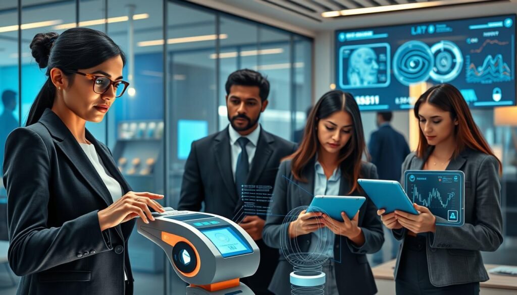 A futuristic office environment showcasing a diverse group of professionals engaging with advanced multimodal biometric authentication technology. In the foreground, a confident South Asian woman in smart business attire operates a sleek biometric device, scanning her fingerprint. Beside her, a Black man adjusts a facial recognition camera, while a Hispanic woman reviews digital data on a tablet. The mid-ground features high-tech screens displaying biometric data trends, with artistic holograms illustrating various modalities such as iris scans and voice recognition. The background showcases a modern office with glass walls and ambient lighting. Soft, warm tones create a collaborative atmosphere, emphasizing security and innovation in biometric systems. The composition captures the essence of cutting-edge technology in a professional setting.