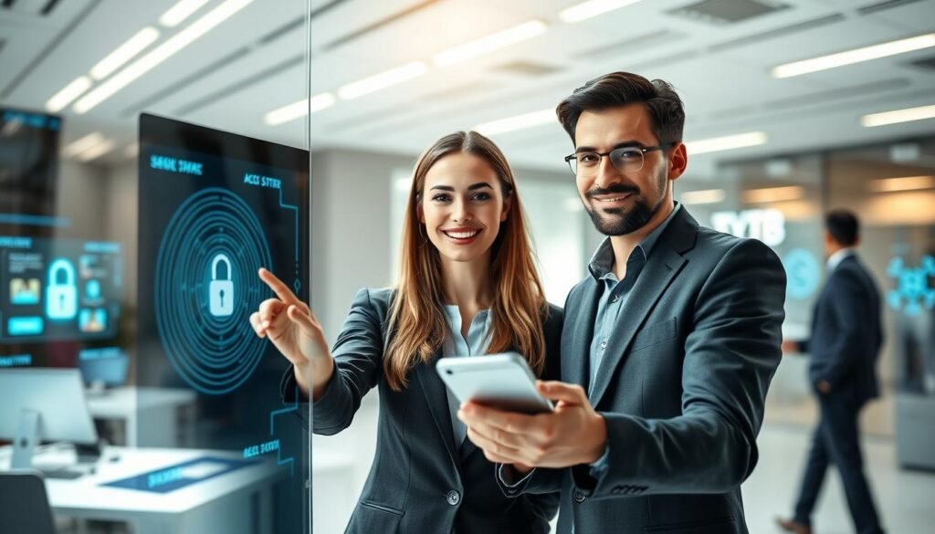 A futuristic office setting with diverse professionals engaged in biometric authentication, showcasing a fingerprint scanner and facial recognition technology prominently in the foreground. In the middle, a confident woman in business attire smiles as she easily accesses a secure system with her fingerprint, while a man beside her demonstrates facial recognition on a sleek device. The background features a bright, modern workspace with digital interfaces and holographic displays, symbolizing advanced security solutions. Soft, natural lighting enhances the professional atmosphere, and the angle captures the subjects from a slight high perspective to highlight their interaction with technology. The mood is one of innovation, trust, and efficiency in a digital age without passwords.