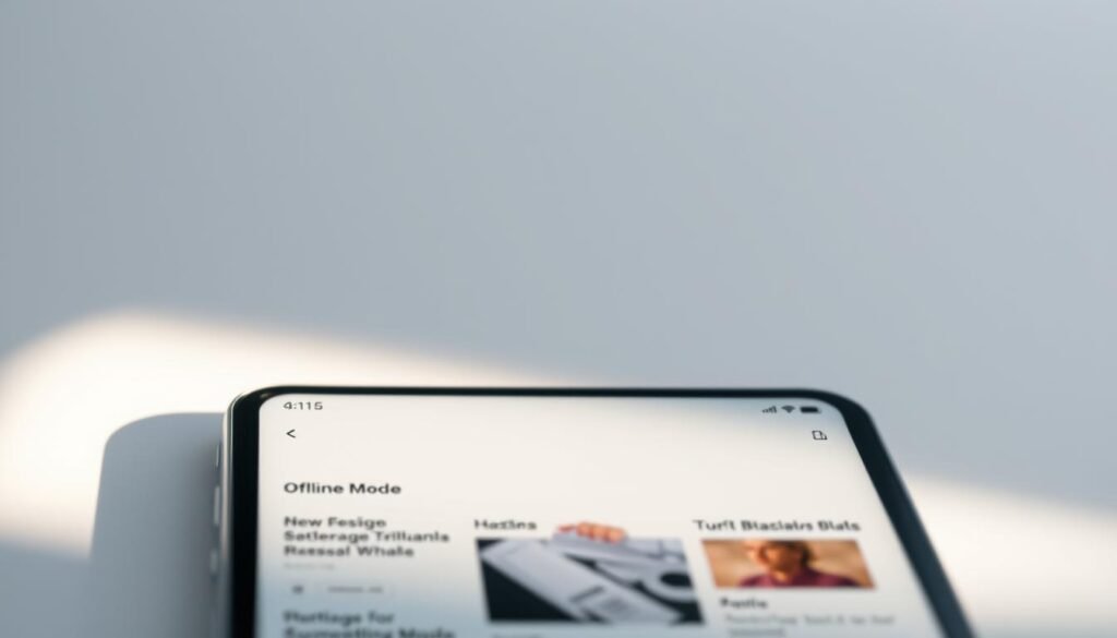A serene, minimalist news app interface with a discreet "Offline Mode" indicator, bathed in soft, natural lighting and a muted color palette. The app's UI elements are cleanly designed, with a focus on readability and ease of use. The screen displays a collection of news articles, their thumbnails and headlines, suggesting the app's robust offline capabilities. The overall atmosphere evokes a sense of productivity and uninterrupted access to information, even in areas with limited connectivity.