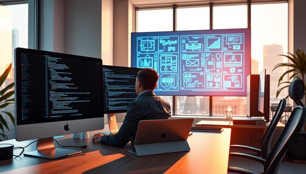 A sleek, modern workspace featuring a developer focused on coding for iOS 27, sitting at a stylish desk filled with high-tech devices like an iMac and an iPhone 15. In the foreground, the developer, dressed in professional business attire, is intently examining lines of code on dual monitors. In the middle background, an illuminated wall displays digital blueprints representing the new API features, glowing softly in a gradient of blue and green. The atmosphere is one of innovation and creativity, enhanced by warm, ambient lighting that casts soft shadows across the room. A large window shows a bright day outside, hinting at a city skyline, suggesting progress and connectivity. A sleek, modern workspace featuring a developer focused on coding for iOS 27, sitting at a stylish desk filled with high-tech devices like an iMac and an iPhone 15. In the foreground, the developer, dressed in professional business attire, is intently examining lines of code on dual monitors. In the middle background, an illuminated wall displays digital blueprints representing the new API features, glowing softly in a gradient of blue and green. The atmosphere is one of innovation and creativity, enhanced by warm, ambient lighting that casts soft shadows across the room. A large window shows a bright day outside, hinting at a city skyline, suggesting progress and connectivity.