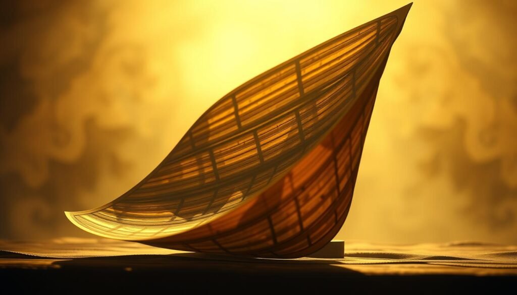 An artistic, cinematic rendering of a layar, a traditional Javanese palm leaf manuscript. The layar is depicted in warm, soft lighting, casting intricate shadows and highlights across its intricate patterns and textures. The background is hazy, dreamlike, evoking a sense of timelessness and cultural heritage. The composition emphasizes the layar's elegant, curvaceous form, drawing the viewer's eye to its delicate details and the artistry of its craftsmanship. The overall mood is one of reverence, tranquility, and a celebration of Indonesia's rich cultural traditions. An artistic, cinematic rendering of a layar, a traditional Javanese palm leaf manuscript. The layar is depicted in warm, soft lighting, casting intricate shadows and highlights across its intricate patterns and textures. The background is hazy, dreamlike, evoking a sense of timelessness and cultural heritage. The composition emphasizes the layar's elegant, curvaceous form, drawing the viewer's eye to its delicate details and the artistry of its craftsmanship. The overall mood is one of reverence, tranquility, and a celebration of Indonesia's rich cultural traditions.