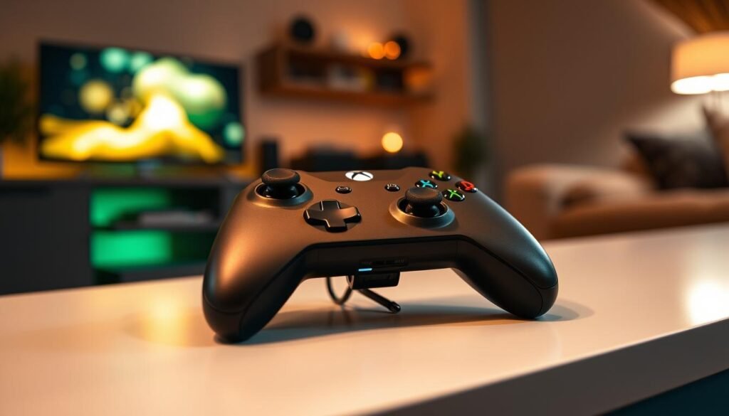 A close-up view of an Xbox Elite Series 2 controller placed on a sleek, modern surface, showcasing its battery indicator prominently. The foreground features the controller with its detailed buttons and grips in sharp focus, revealing the power and connectivity indicators. In the middle ground, a soft focus on a gaming setup with a faint glow from a nearby monitor, suggesting an engaging gaming session. The background is blurred but hints at a cozy game room atmosphere with dim lighting, creating an immersive mood. The lighting is warm, highlighting the controller while casting subtle shadows that emphasize its design. The image reflects a sense of urgency, hinting at battery life issues without being explicit, inviting curiosity.