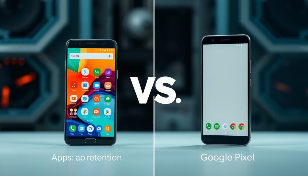 A detailed comparison visual featuring a split-screen design: on the left, a sleek Samsung smartphone displaying a vibrant interface with 15 app icons that are prominent and dynamic, captured against a modern tech-inspired background. On the right, a Google Pixel smartphone with a clean interface showcasing 5 app icons, set in a minimalist environment that highlights its simplicity. Use soft, diffused lighting to create a balanced, professional look, emphasizing the contrast between the two devices in terms of application retention. The foreground should include subtle graphical elements like data points or icons to hint at the analysis being presented, while the background should be blurred to maintain focus on the phones. Aim for a modern, tech-savvy atmosphere.