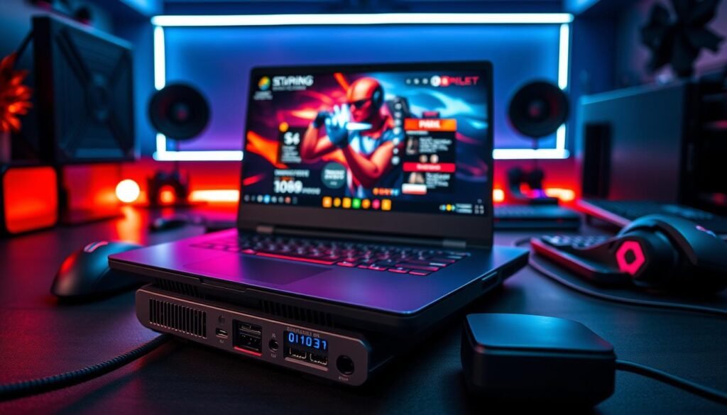 A detailed flat lay of a gaming laptop showcasing its specifications and features. The laptop is open, displaying a vibrant gaming interface on the screen, surrounded by technical elements like a gaming mouse, mechanical keyboard, and headset. The foreground includes close-up details of the laptop's ports and design, with an emphasis on cooling vents and RGB lighting. The middle background features a sleek, modern desk setup with subtle gaming paraphernalia, while the background has a dimly lit gaming room atmosphere illuminated by ambient LED lights for a dynamic mood. Use soft, focused lighting to enhance reflections and contrasts, simulating a professional product review photo. The angle should be slightly elevated to capture both the laptop's screen and the surrounding items effectively.