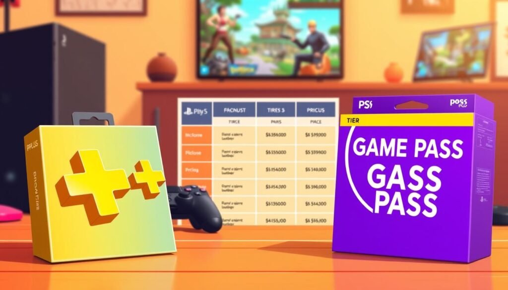 A digital illustration comparing the subscription tiers of gaming services, specifically PS Plus and Game Pass. In the foreground, depict two distinct subscription boxes with vibrant colors and clear icons: one representing PS Plus and the other Game Pass. The middle ground features a visually appealing chart showing tier names and prices in an organized manner. The background includes a soft-focus gaming setup with a console, controller, and a laptop displaying gaming graphics. Utilize warm, ambient lighting to create a welcoming atmosphere, and use a slightly angled perspective to enhance depth. The mood should be informative and engaging, ideal for an audience interested in gaming subscriptions.