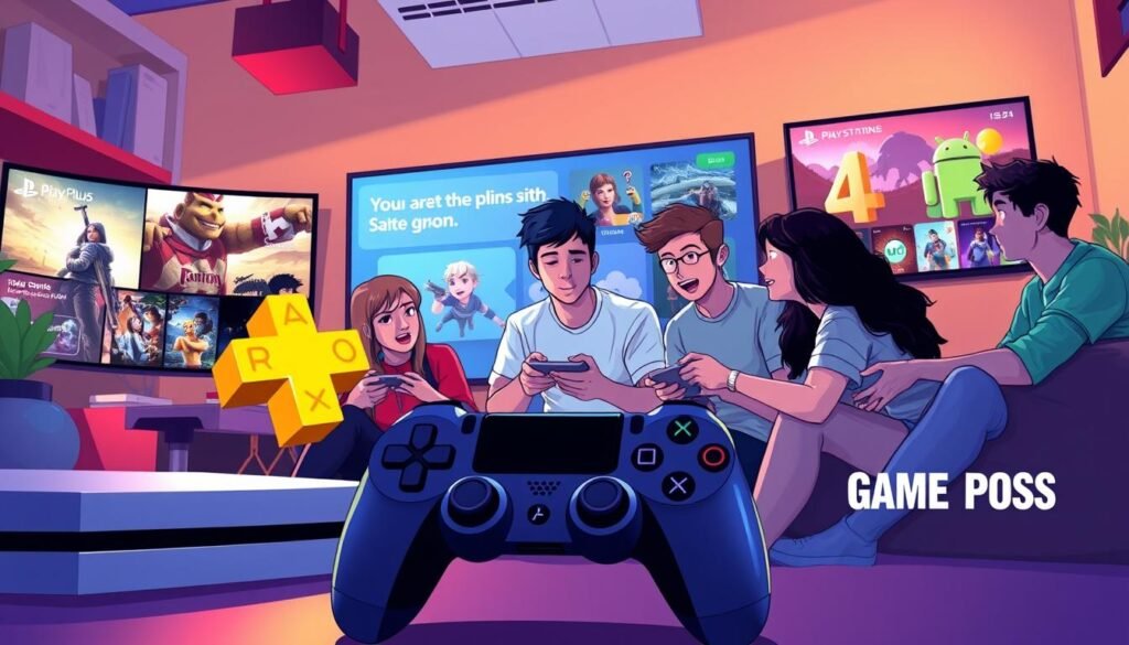 A dynamic and engaging illustration of platform gaming subscriptions, focusing on PS Plus and Game Pass. In the foreground, feature a sleek gaming console and a modern controller, symbolizing high-end gaming technology. The middle section displays a diverse group of young adults, casually dressed and passionately debating over their gaming preferences, reflecting accessibility and camaraderie. In the background, include digital screens showcasing games and subscription interfaces from both services, illuminated with vibrant colors and soft ambient lighting. The atmosphere should evoke excitement and anticipation, with a cozy gaming room setting that invites viewers to join in. Use a slightly angled perspective to emphasize the depth of the scene, capturing the essence of modern gaming culture while avoiding any text or branding.