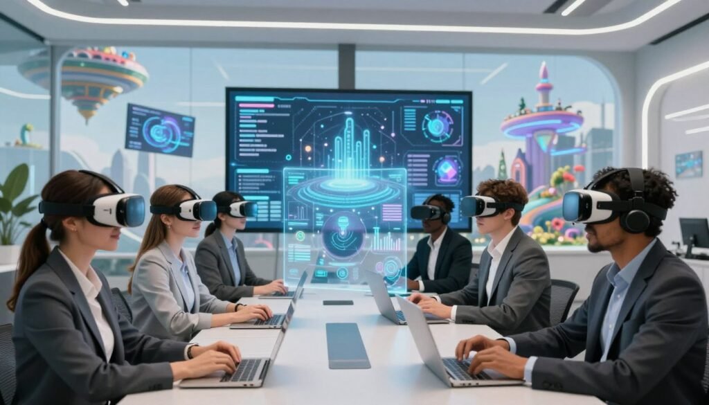 A futuristic virtual meeting room representing the implementation of VR technology in the metaverse, focusing on a diverse group of professionals engaged in a meeting. In the foreground, several individuals wearing sleek virtual reality headsets appear focused and interactive, dressed in professional business attire. The middle ground features a dynamic holographic display showcasing data analytics and virtual presentations. In the background, a surreal digital landscape can be seen, blending elements of a modern office with creative metaverse architecture, such as floating screens and immersive 3D graphics. The lighting is bright yet soft, creating an inviting atmosphere. Capture a wide-angle perspective that emphasizes the immersive environment, highlighting the innovative technology aspect while ensuring an atmosphere of teamwork and collaboration.