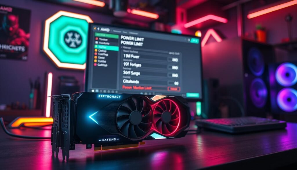 A high-tech workspace featuring a powerful gaming computer setup centered around an AMD RX 6700 XT graphics card. The foreground showcases the graphics card with its sleek design, intricate details on the cooling system, and glowing LED lights. The middle layer includes a computer monitor displaying a BIOS interface with optimization settings, emphasizing the power limit adjustments. The background is a dimly lit room with ambient neon lights that create a gaming atmosphere, reflecting a futuristic vibe. Use a soft-focus lens effect to highlight the card while keeping the screen details sharp. The mood conveys a sense of advanced technology and performance enhancement, inspiring a feeling of empowerment in computing.