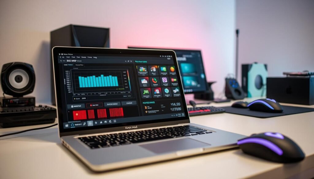 A modern workspace showcasing essential software tools for graphics card modification. In the foreground, a sleek laptop displaying a detailed BIOS mod interface, with clear graphs and sliders indicating power limits. The middle scene features an array of software icons on the screen, symbolizing popular modding tools like MSI Afterburner and AMD Radeon Software. The background portrays a clean, organized desk with high-tech peripherals such as a mechanical keyboard and an LED-lit mouse. Soft, ambient lighting creates a professional yet inviting atmosphere, with a slight bokeh effect to emphasize the foreground elements. The overall mood should convey precision and innovation, essential for BIOS optimization before modifying the RX 6700 XT.