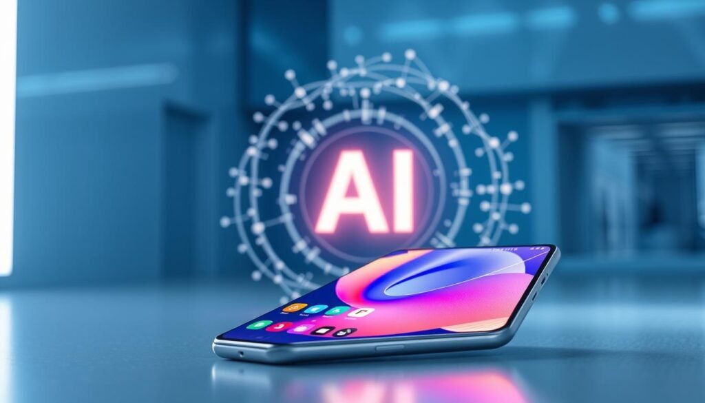 A sleek and futuristic Samsung Galaxy S24 smartphone is prominently displayed in the foreground, showcasing its vibrant screen lit up with colorful app icons. The phone is angled slightly to highlight its slim design and polished finish. In the middle ground, an abstract representation of Galaxy AI is visualized as dynamic, glowing data streams swirling around the device, symbolizing its advanced artificial intelligence capabilities. The background features a modern, tech-inspired environment with soft blue and silver tones, creating a high-tech atmosphere. Use bright, focused lighting to emphasize the phone's features while casting subtle shadows for depth. The overall mood is sophisticated and innovative, capturing the essence of cutting-edge technology. A sleek and futuristic Samsung Galaxy S24 smartphone is prominently displayed in the foreground, showcasing its vibrant screen lit up with colorful app icons. The phone is angled slightly to highlight its slim design and polished finish. In the middle ground, an abstract representation of Galaxy AI is visualized as dynamic, glowing data streams swirling around the device, symbolizing its advanced artificial intelligence capabilities. The background features a modern, tech-inspired environment with soft blue and silver tones, creating a high-tech atmosphere. Use bright, focused lighting to emphasize the phone's features while casting subtle shadows for depth. The overall mood is sophisticated and innovative, capturing the essence of cutting-edge technology.