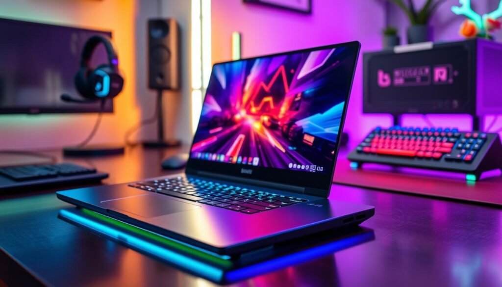 A sleek and modern gaming laptop resting on a stylish desk with colorful RGB lighting. The laptop's screen displays a captivating gaming scene, showcasing vibrant colors and high-resolution graphics, while the device itself reflects a futuristic design with sharp angles and a metallic finish. In the background, a subtle gaming setup can be seen, including a high-quality gaming headset and a mechanical keyboard with illuminated keys. Soft, ambient lighting fills the room, creating a cozy yet energetic atmosphere, emphasizing the gaming environment. The perspective is focused on the laptop, shot from a slightly elevated angle to highlight its features and aesthetic appeal. The overall mood conveys excitement and innovation in affordable gaming technology.