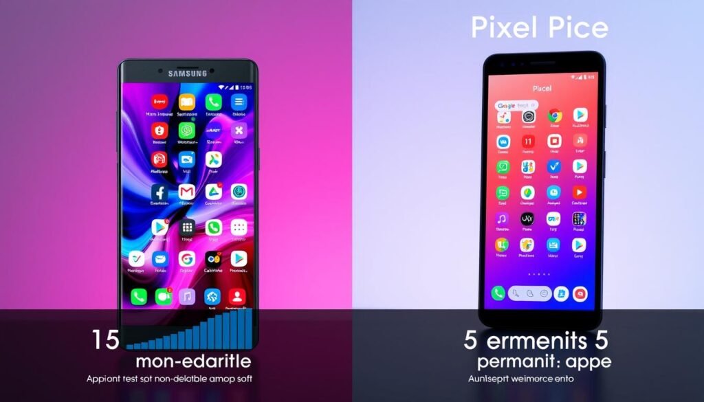A split-screen image showcasing the feature comparison of Samsung and Pixel applications. On the left side, depict a modern Samsung smartphone displaying a vibrant screen filled with various app icons richly representing the 15 non-deletable apps, with a focus on their distinct functionalities. On the right side, illustrate a sleek Pixel smartphone featuring 5 permanent apps, highlighting their unique features. The foreground should include subtle graphs or charts comparing key functionalities such as user interface, performance, and accessibility. Use a bright and engaging lighting setup to convey a modern tech environment. The background should be a soft gradient, enhancing the overall look with a professional and informative atmosphere.
