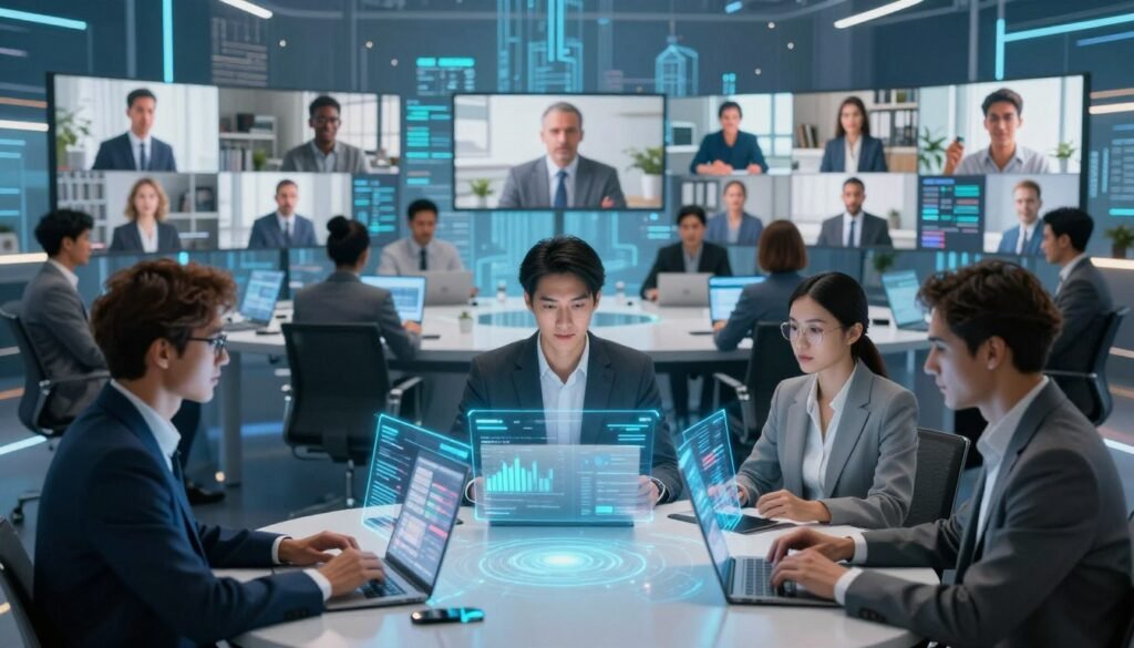 A vibrant virtual collaboration space teeming with activity, depicting a diverse group of professionals engaged in a dynamic digital meeting. In the foreground, three individuals in business attire are interacting with holographic displays, showcasing graphs and presentations. The middle ground features multiple virtual attendees participating from various locations, visible through floating screens around a central round table. The background reveals a futuristic digital skyline and abstract representations of data flow and connectivity, creating an immersive atmosphere. The lighting is bright and ambient, with a soft glow illuminating the participants' faces, emphasizing the collaborative spirit. The scene conveys a sense of innovation and teamwork, capturing the essence of optimizing collaboration in a virtual environment.