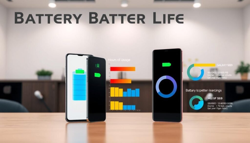 A visually striking infographic comparing the battery life of smartphones, featuring two devices: Google Pixel 9 and Galaxy S24 Ultra. In the foreground, show the two smartphones facing each other with elegant designs highlighted, showcasing their battery icons prominently. The middle ground includes graphical representations of battery life metrics, such as hours of usage and charging speed, depicted through vivid bars or pie charts. In the background, a clean, modern workspace with soft, diffused lighting creates an inviting atmosphere. The scene should convey a sense of competition and innovation, with a clear focus on technological advancement in battery endurance. Use a dynamic angle, emphasizing both devices equally, while maintaining a professional and informative tone throughout the composition. A visually striking infographic comparing the battery life of smartphones, featuring two devices: Google Pixel 9 and Galaxy S24 Ultra. In the foreground, show the two smartphones facing each other with elegant designs highlighted, showcasing their battery icons prominently. The middle ground includes graphical representations of battery life metrics, such as hours of usage and charging speed, depicted through vivid bars or pie charts. In the background, a clean, modern workspace with soft, diffused lighting creates an inviting atmosphere. The scene should convey a sense of competition and innovation, with a clear focus on technological advancement in battery endurance. Use a dynamic angle, emphasizing both devices equally, while maintaining a professional and informative tone throughout the composition.