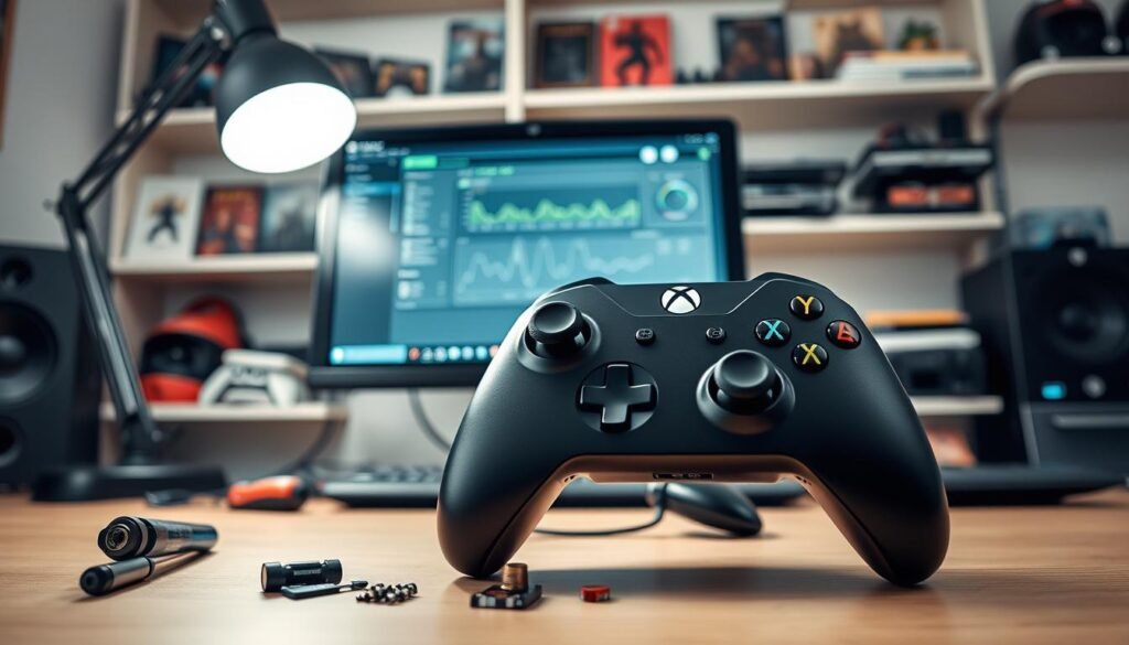 A well-lit workspace featuring an Xbox Elite Series 2 controller prominently displayed in the foreground, with its back cover slightly open to showcase the battery compartment, surrounded by various tools for optimization, like a screwdriver and small electronics parts. In the middle ground, a sleek computer monitor is visible, showing battery optimization software with graphs and settings. The background includes organized shelves with game-related memorabilia, creating a tech-savvy atmosphere. Soft, diffused lighting shines from a desk lamp, enhancing the focus on the controller while creating a calm and professional mood. The scene is captured from a slight overhead angle, emphasizing the details of the controller and tools used for maintenance, inviting viewers to engage with the image and consider practical solutions for battery life improvement.