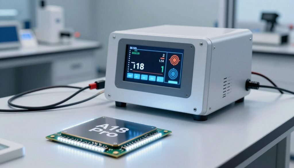 A high-tech scene showcasing the A18 Pro chip alongside battery testing equipment. In the foreground, a detailed close-up of a sleek A18 Pro chip, glistening under bright white LED lights. In the middle ground, a modern battery testing station with a digital readout displaying voltage and capacity information, surrounded by various tools and cables. The background features a blurred laboratory setting with scientific instruments and a workstation, softly lit for a professional atmosphere. The overall mood is informative and high-tech, illustrating performance and battery endurance. The composition is sharply focused and well-lit, capturing the essence of cutting-edge technology in an engaging way.