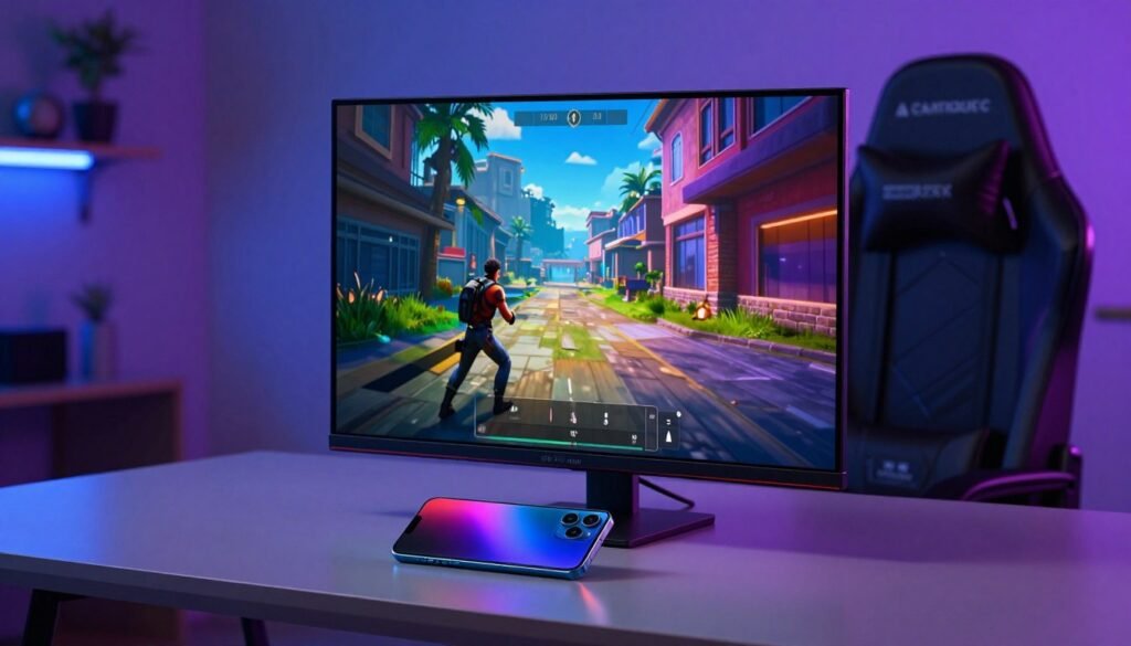 A large 6.8-inch AMOLED display showcasing vibrant colors and deep blacks, the screen is radiant with high-resolution graphics from an immersive gaming scene. In the foreground, a sleek smartphone rests on a modern, minimalist gaming table adorned with subtle RGB lighting, reflecting a tech-savvy atmosphere. The middle ground features a well-lit room with a comfortable gaming chair and subtle decor that hints at a gaming lifestyle. Soft blue and purple lighting creates a dynamic, energetic mood, emphasizing the smartphone's screen details. The angle captures the device at eye level, inviting the viewer into the world of streaming and gaming. The background is softly blurred to keep the focus on the phone while suggesting a cozy gaming environment.