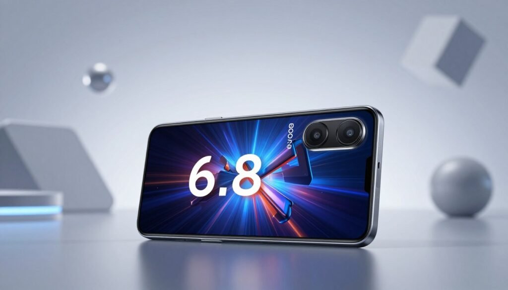 A sleek and modern smartphone, the POCO F6 Max, should be prominently displayed in the foreground, showcasing its 6.8-inch screen with vibrant graphics related to gaming and streaming. The background can feature a stylish, tech-inspired environment, perhaps with abstract geometric shapes that hint at tech innovation. Use soft, diffused lighting to create a futuristic atmosphere, with a slight bokeh effect to bring focus to the phone. Capture the scene from a slightly elevated angle, emphasizing the phone's design and features. The overall mood should be dynamic and engaging, appealing to tech enthusiasts and smartphone users in Indonesia.